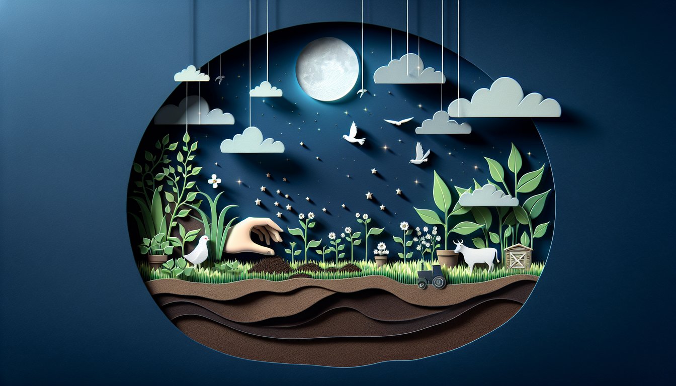Paper art illustration for Kiss the Ground quiz, hands planting seedling over soil layers on dark blue background