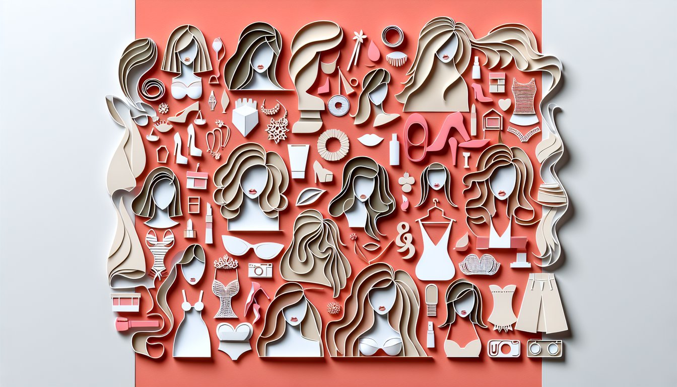 Paper art illustration for beauty standard personality quiz on a coral background