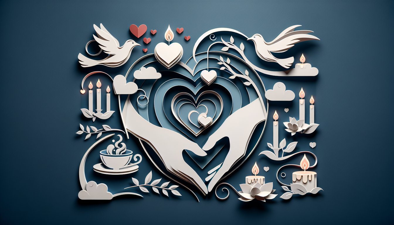 Paper art illustration for a relationship quiz on a dark blue background