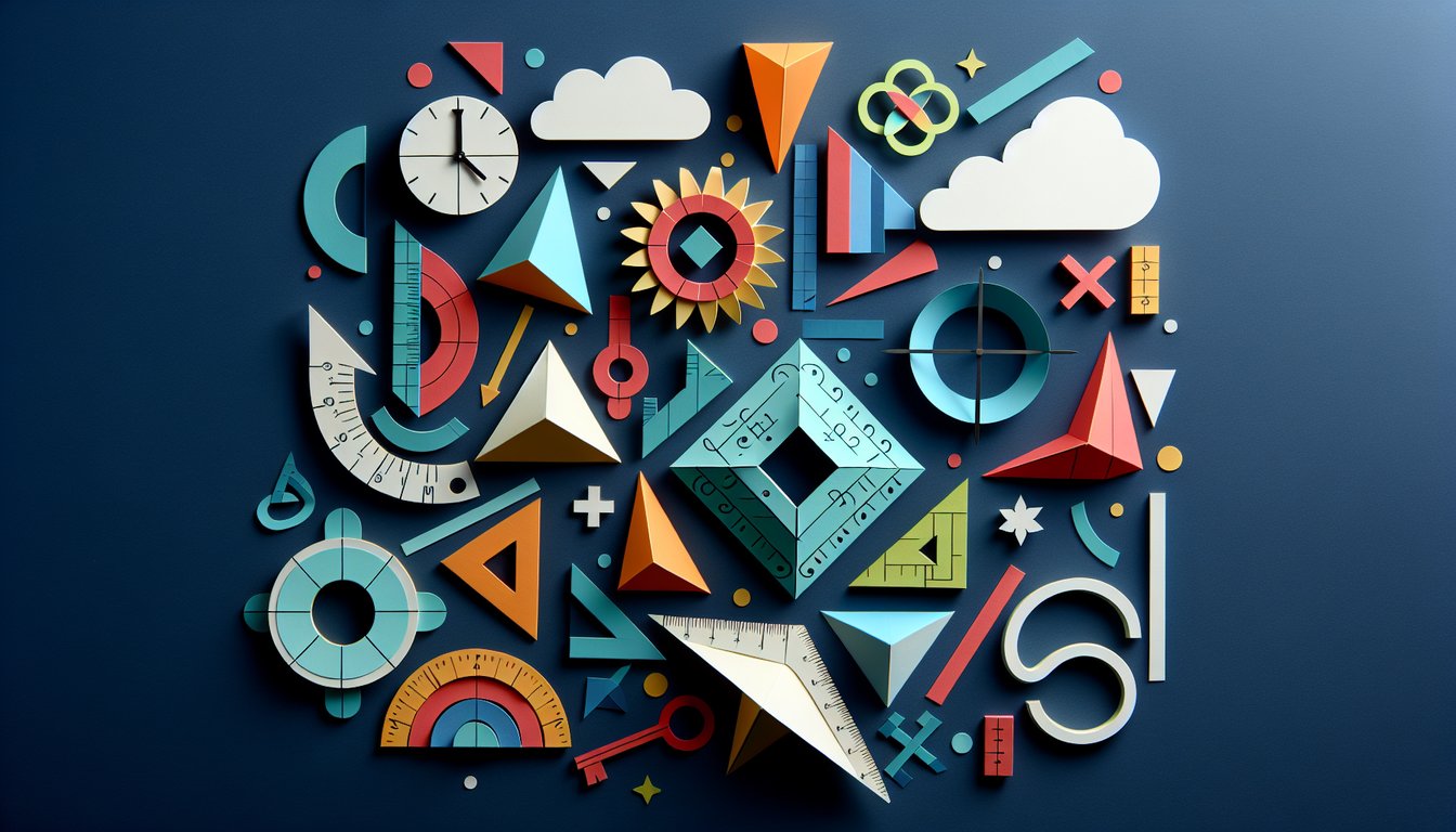 Paper art representing a Geometry trivia quiz for high school students on Chapters 1 and 12.