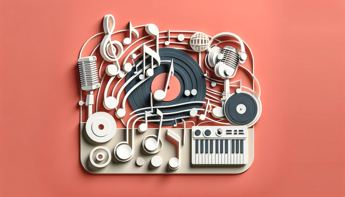 Paper art illustration showing two stylized singers with music notes and quiz text on a coral background