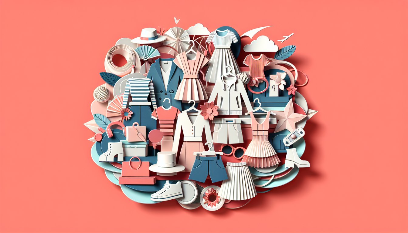Paper art collage of clothing and accessories on coral background for a style personality quiz.