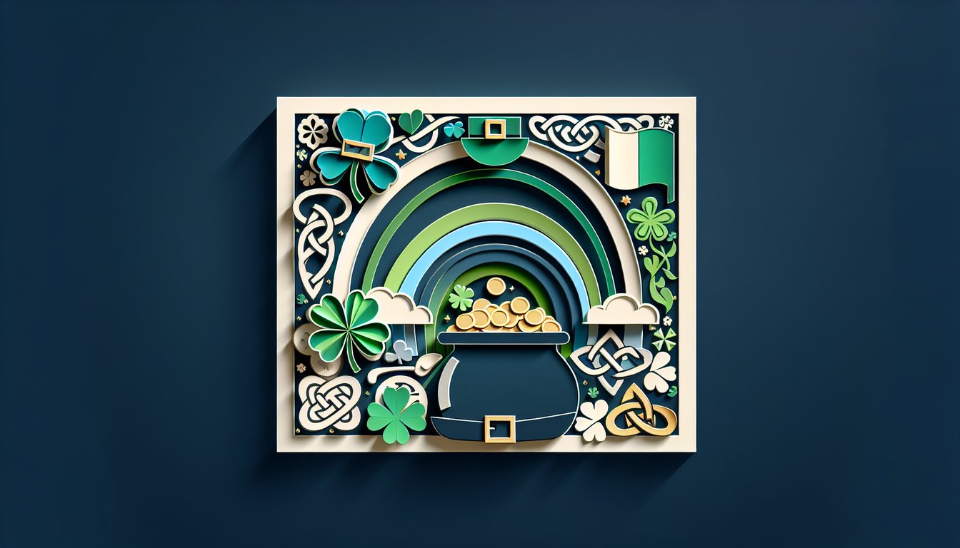 Paper art illustration for How Irish Am I quiz revealing Irish roots, culture, pride on dark blue background.