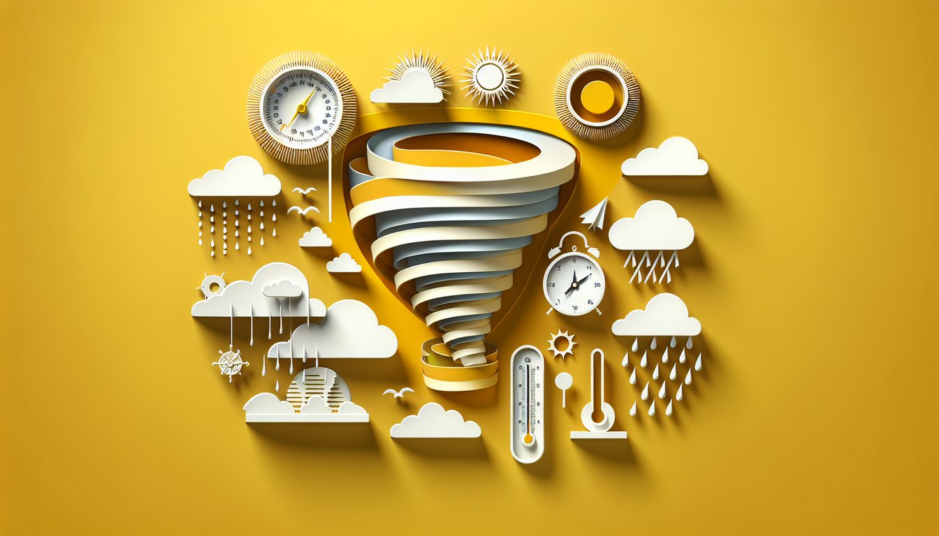 paper art weather icons sun cloud raindrops thermometer wind swirl with meteorology quiz text on golden yellow background