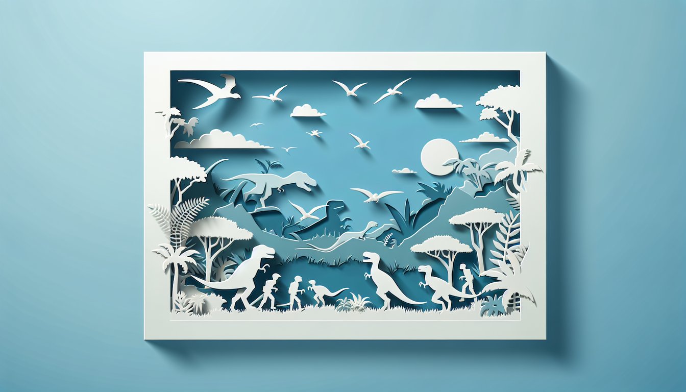 Paper art dinosaur silhouettes explorer binoculars, test tube on sky blue background for Jurassic World personality quiz