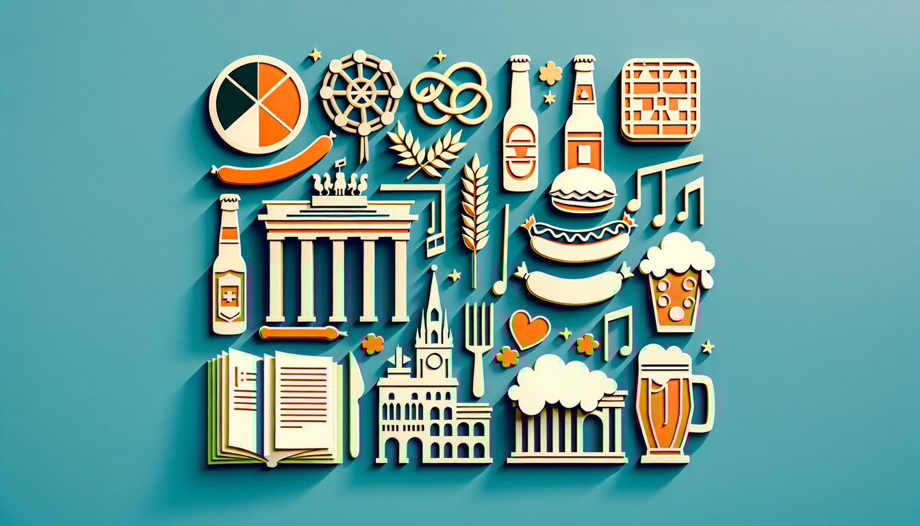 Paper art style German language quiz illustration with flag stripes book and speech bubble on teal background