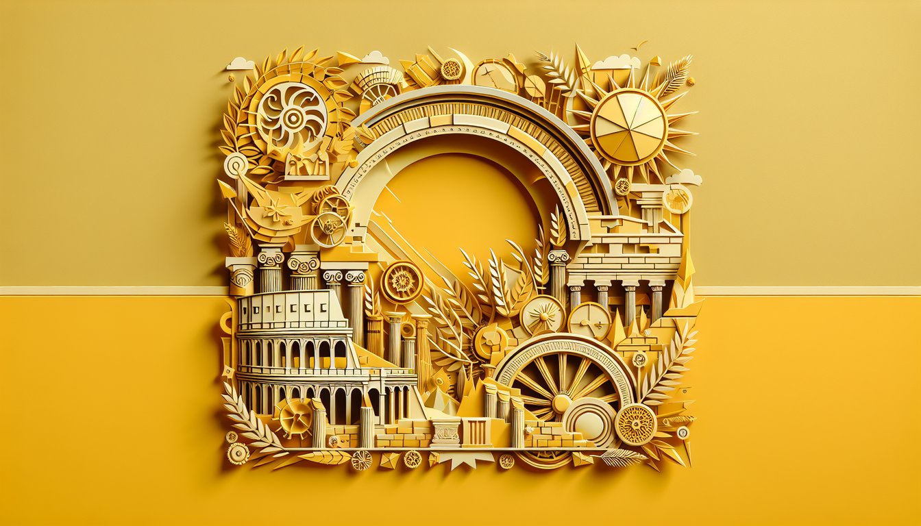 Paper art collage with crumbling Roman columns Colosseum arches on golden yellow background for Rome fall quiz