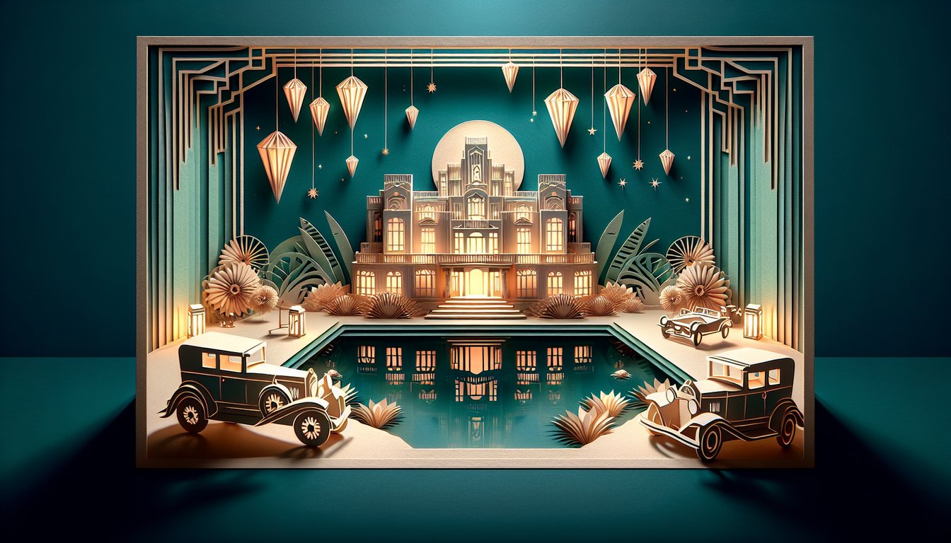 Paper art illustration of open book and quiz cards on teal background for Great Gatsby chapters 1-7 quiz challenge