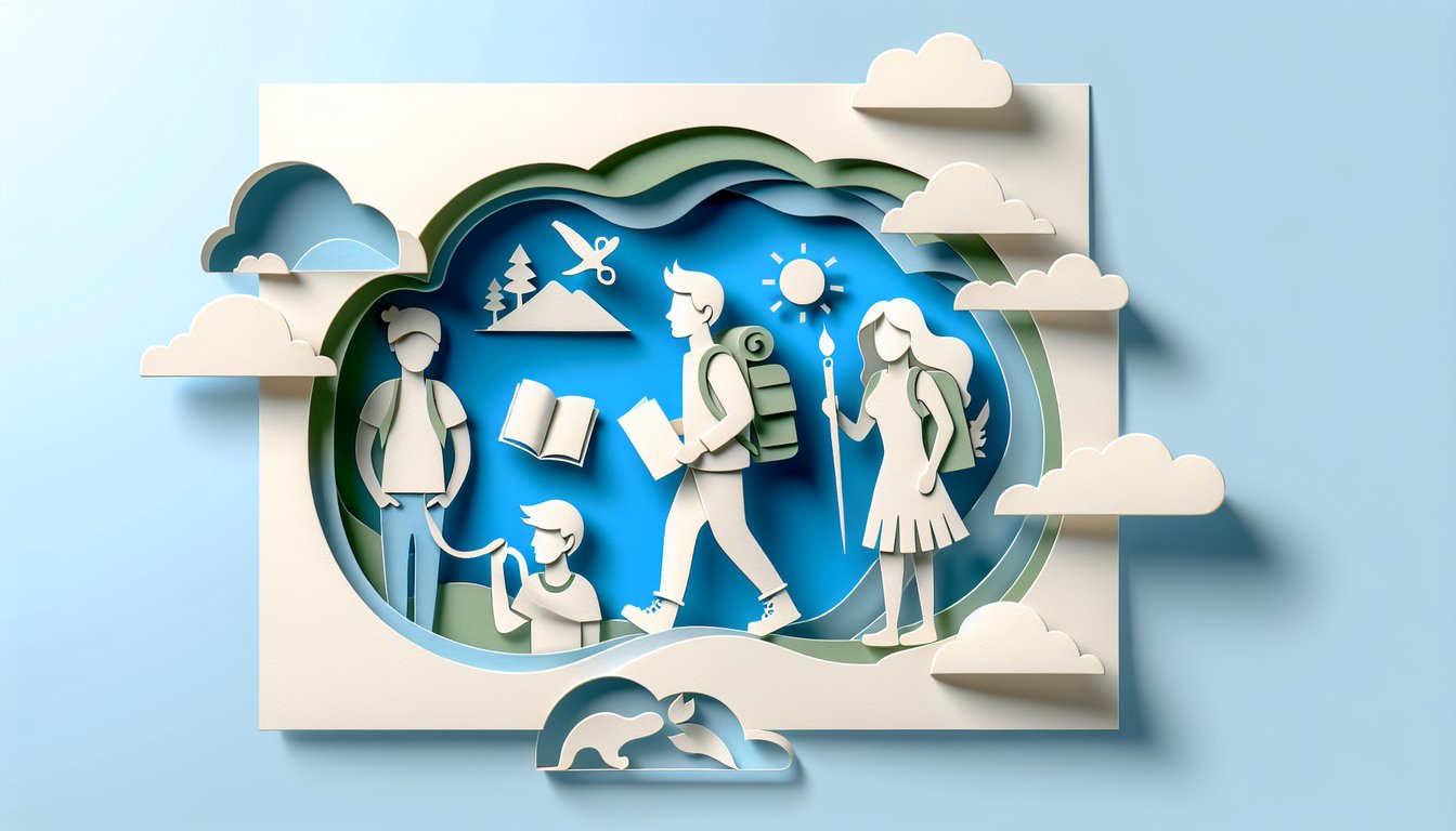 Paper art illustration showing diverse cute guy faces with hearts and question marks on a sky blue background for a quiz