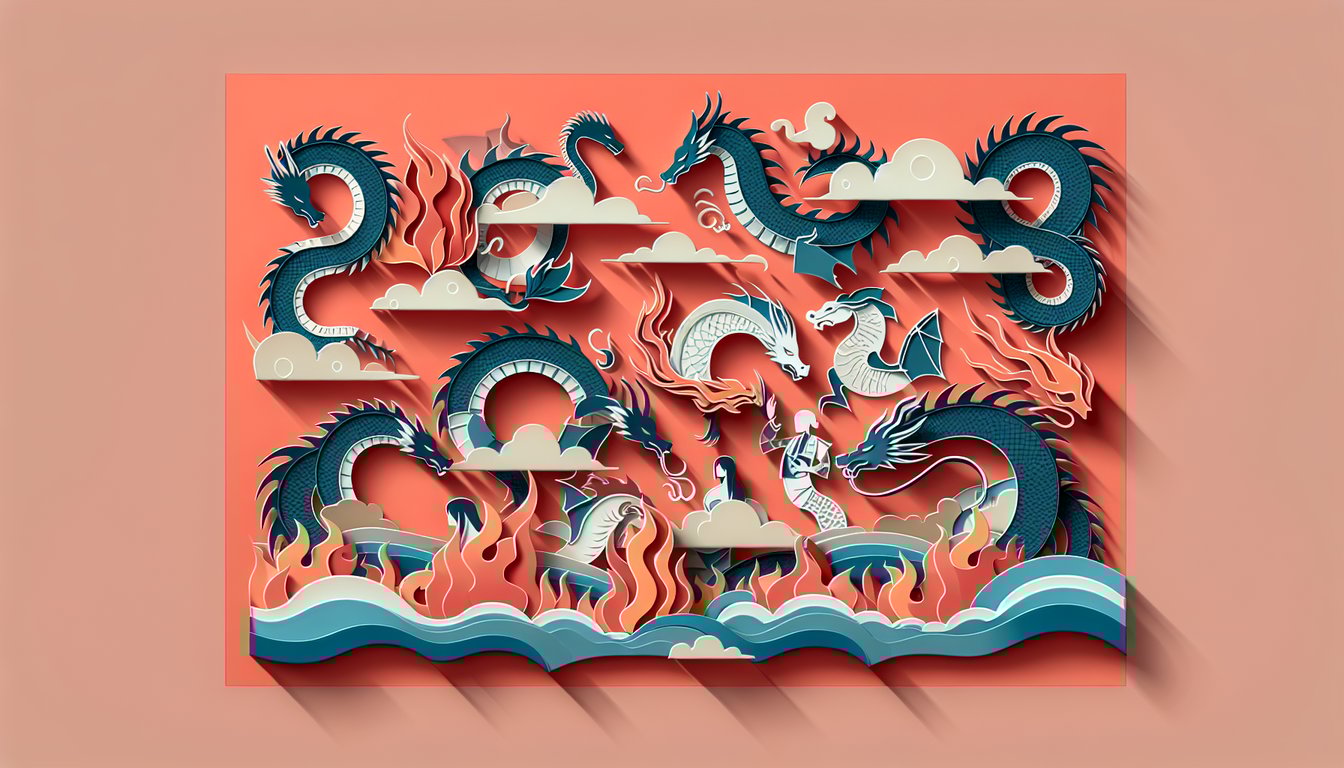 Paper art illustration for House of the Dragon trivia quiz with Targaryen characters and dragons on coral background.