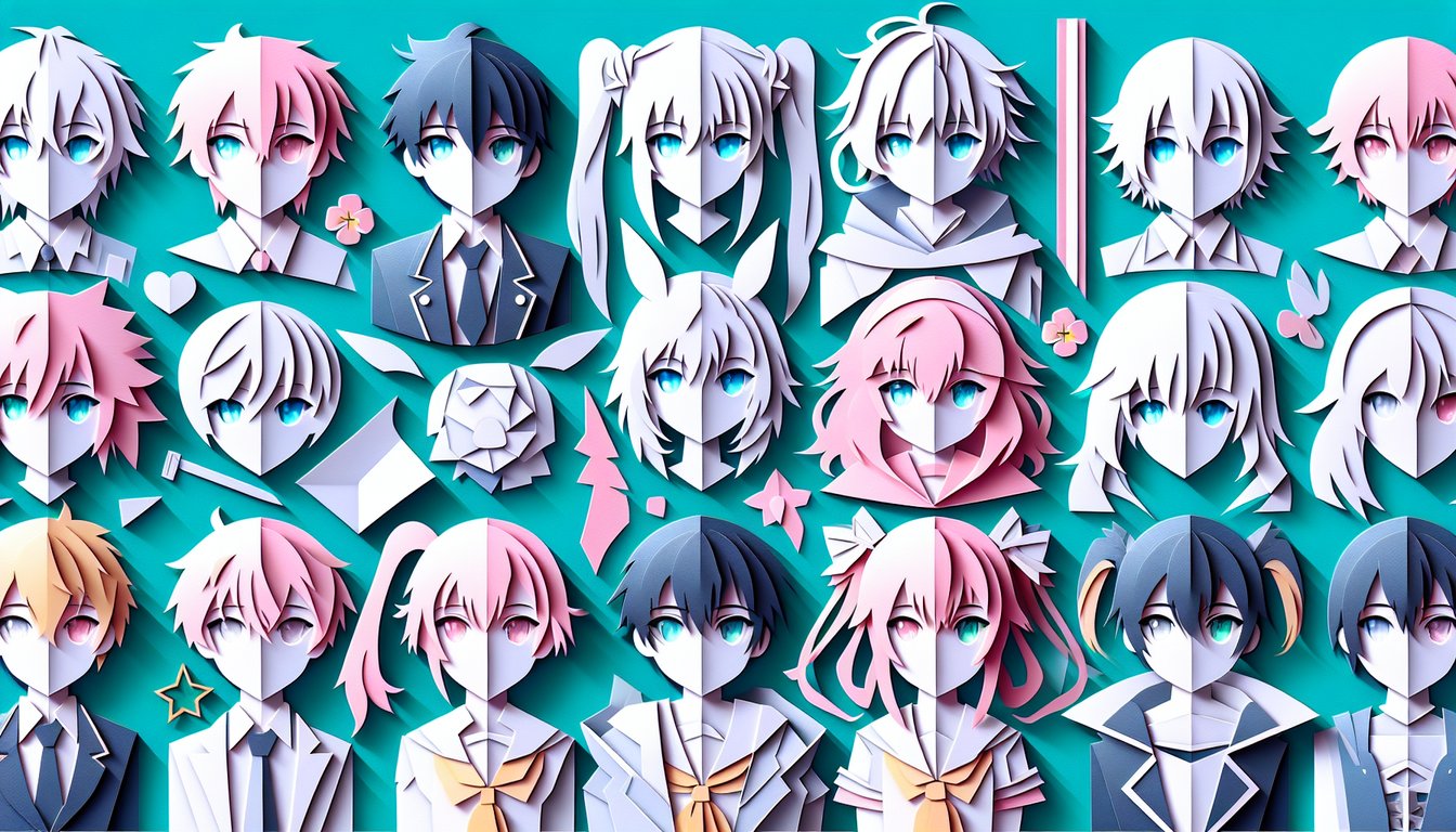 Paper art illustration for anime character look alike quiz on teal background with layered cut paper shapes and bold headline