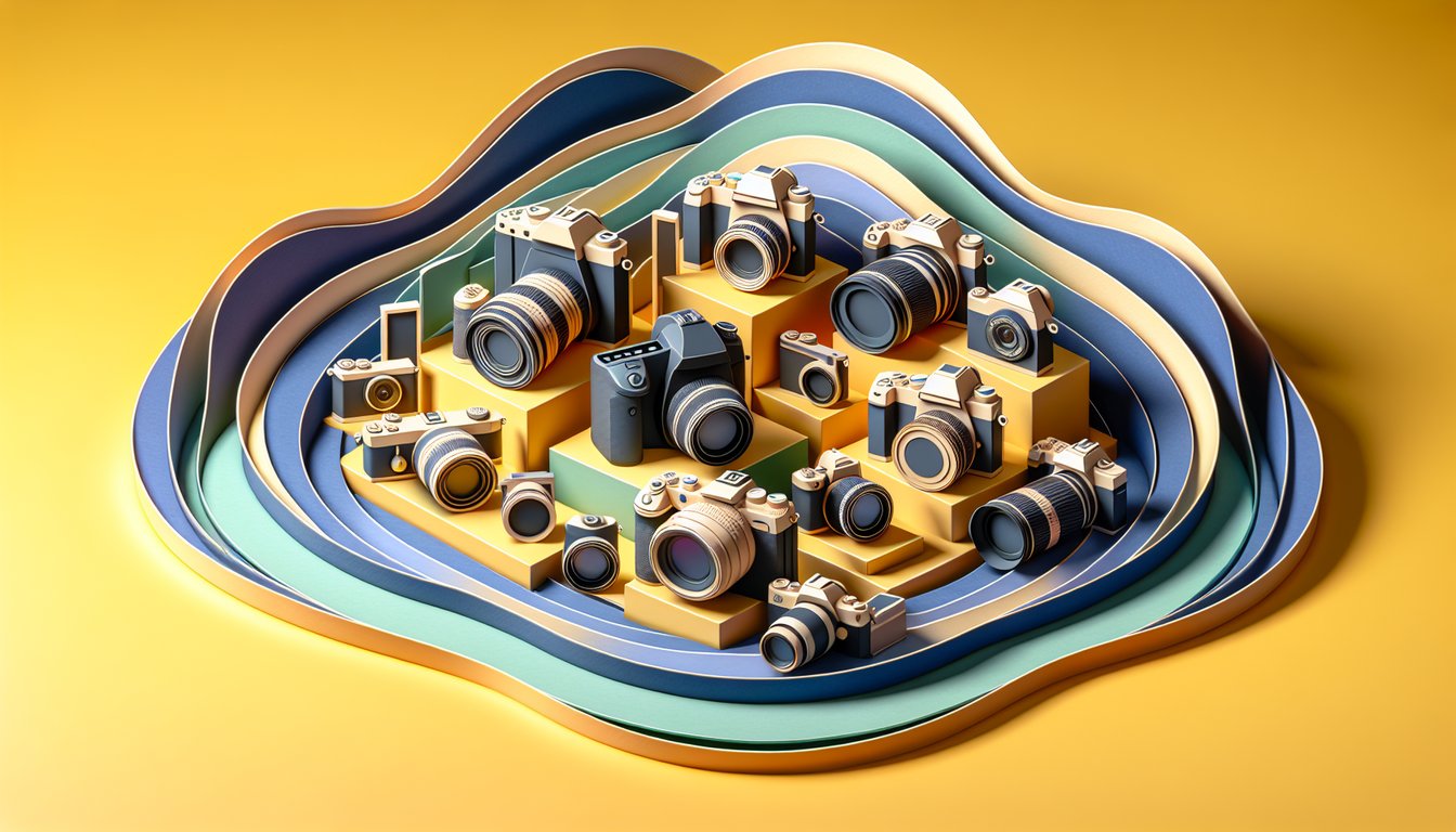 Paper art illustration for camera buying quiz on golden yellow background