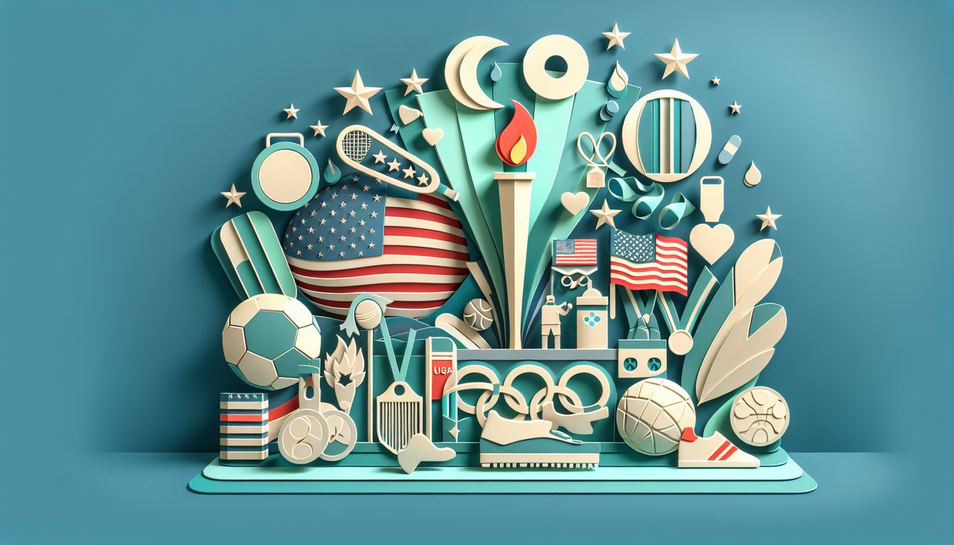 Paper art style Olympic rings USA flag elements on teal background for USA Olympic trivia quiz