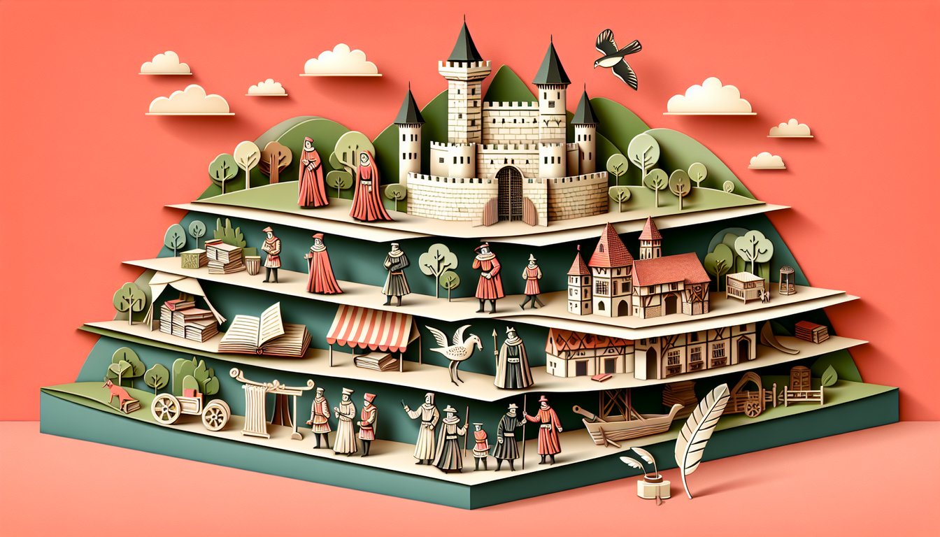 Paper art illustration for Medieval Feudalism Quiz on a coral background