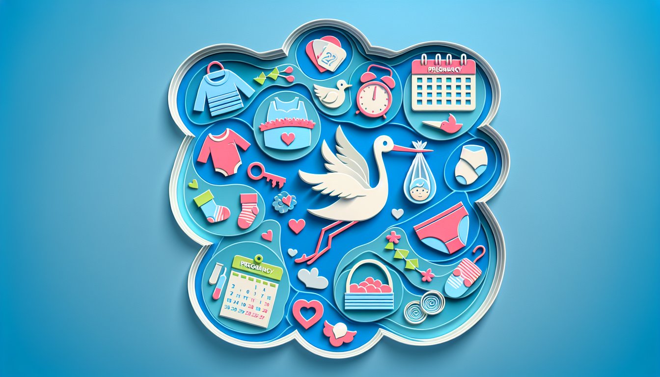 Paper art style pregnant belly with pregnancy quiz banner and question mark icons on sky blue background