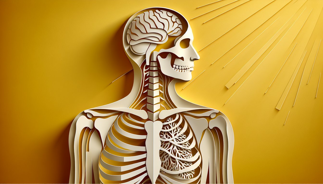 Paper art human skeleton and bone diagrams with quiz title on golden yellow background.