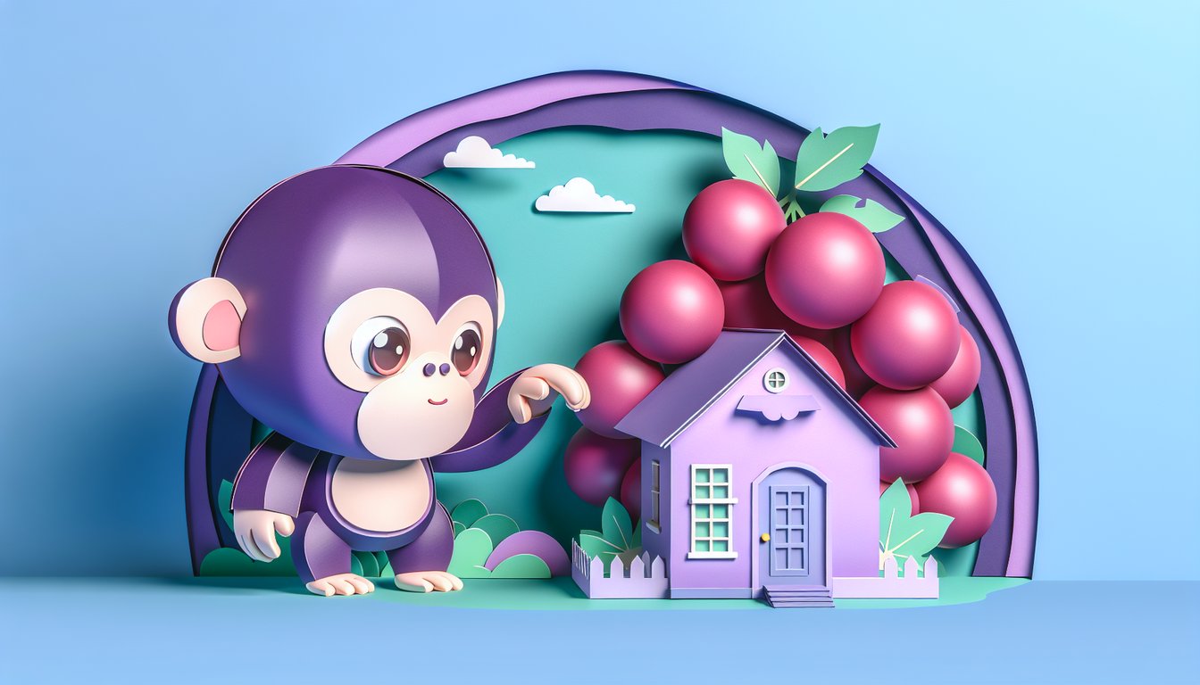 Paper art quiz banner showing a purple cartoon ape next to a grape shaped house on a teal background