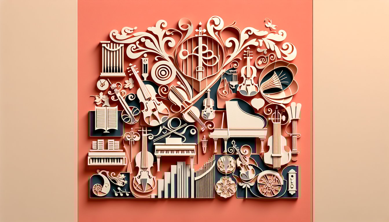 Paper cut illustration of baroque music motifs on a coral background for a free music quiz